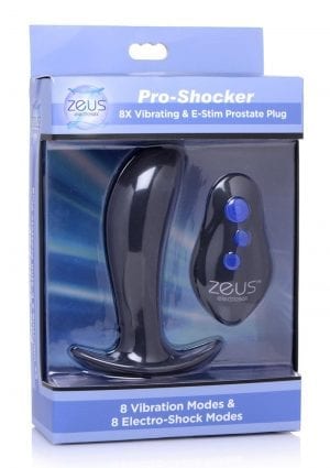 Zeus Pro-Shocker 8X Vibrating & E-Stim Silicone Rechargeable Prostate Plug With Remote Control - Black