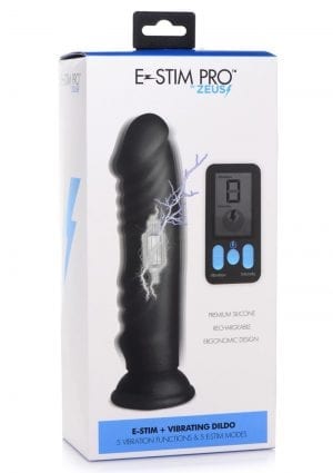Zeus Vibrating & E-Stim Rechargeable Silicone Dildo With Remote Control 7.9in- Black