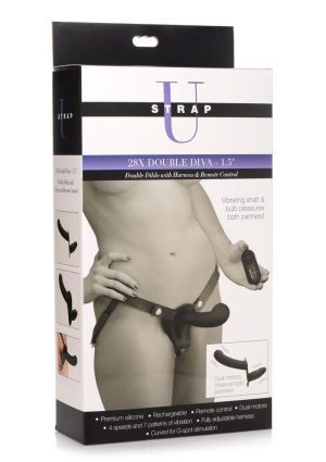 Strap U 28x Rechargeable Silicone 28X Double Dildo with Harness and Remote Control - Black