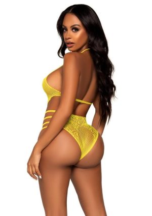Leg Avenue Lace Cut Out Strappy Bodysuit - OS - Yellow