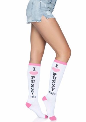 Leg Avenue Pussycat Knee Highs - OS - White/Pink