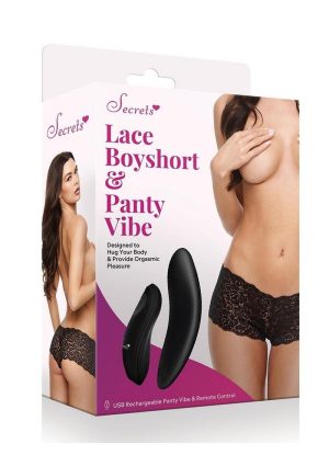 Secrets Lace Boyshort and Rechargeable Panty Vibe with Remote Control - OS - Black