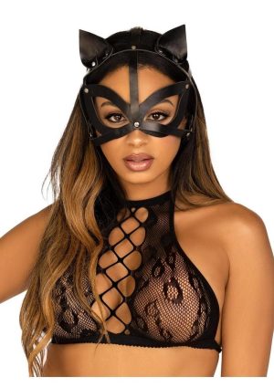 Leg Avenue Vegan Leather Studded Cat Mask - OS - Black