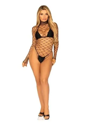 Leg Avenue High Neck Fence Net Long Sleeved Bodysuit with Snap Crotch Thong Panty - OS - Black