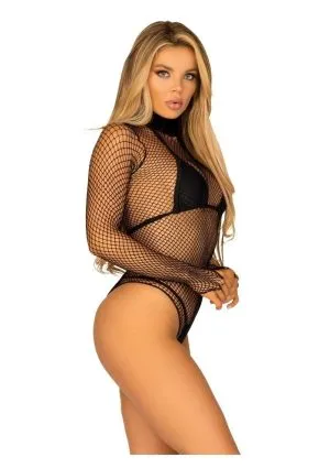 Leg Avenue Fishnet High Neck Long Sleeved Bodysuit with Snap Crotch - OS - Black