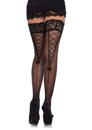 Leg Avenue Stay Up Lace Top Sheer Thigh Highs with Faux Lace Up Backseam - OS - Black