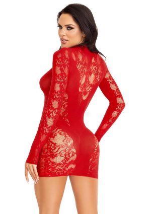 Leg Avenue Lace Keyhole Mini Dress with Opaque Panel Detailing and Gloved sleeves - OS - Red