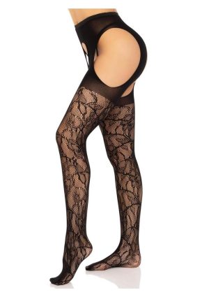 Leg Avenue Eyelet Rose Suspender Hose - OS - Black