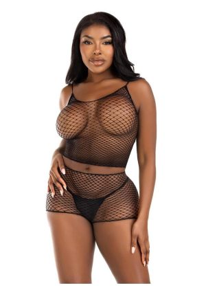 Leg Avenue Twist Net Tank Top and Boy Shorts (2 Piece) - OS - Black