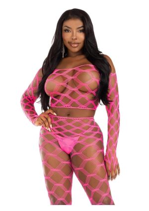 Leg Avenue Hardcore Net Crop Top and Footless Tights (2 Piece) - OS - Neon Pink
