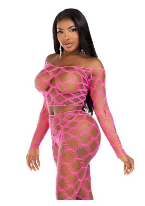 Leg Avenue Hardcore Net Crop Top and Footless Tights (2 Piece) - OS - Neon Pink