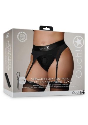 Ouch! Vibrating Strap-On Thong with Adjustable Garters with Rechargeable Bullet - XL/2XL - Black