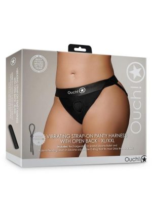 Ouch! Vibrating Strap-On Panty Harness with Open Back with Rechargeable Bullet - XL/2XL - Black