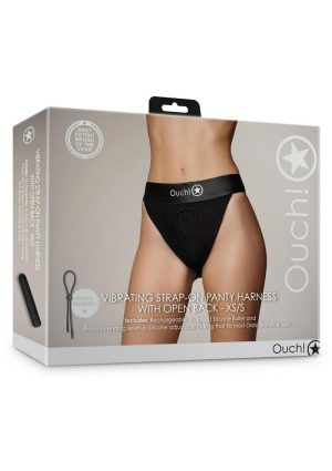 Ouch! Vibrating Strap-On Panty Harness with Open Back with Rechargeable Bullet - XS/SM - Black