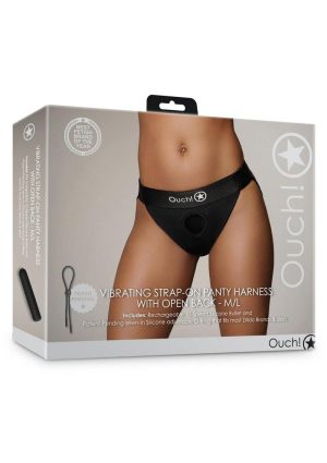 Ouch! Vibrating Strap-On Panty Harness with Open Back with Rechargeable Bullet - M/L - Black