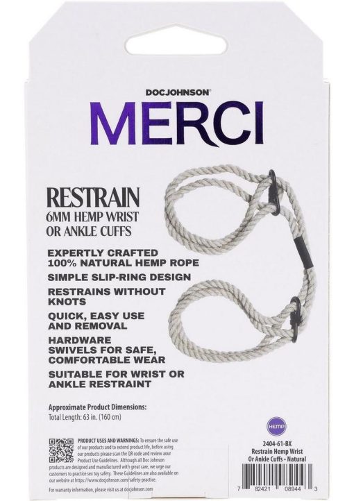 Merci Restrain 6mm Hemp Wrist or Ankle Cuffs - Tan