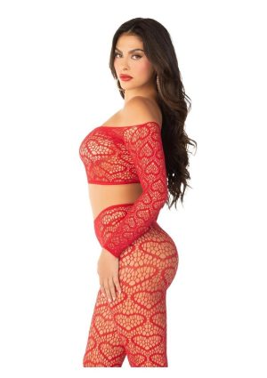Leg Avenue Heart Net Off the Shoulder Crop Top and Footless Tights (2 Piece) - OS - Red