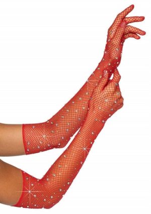 Leg Avenue Rhinestone Fishnet Opera Length Gloves - OS - Red
