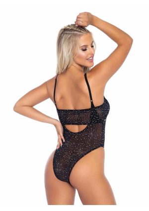 Leg Avenue Rhinestone Mesh Bandeau and Suspender Bodysuit (2 Piece) - OS - Black