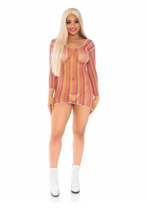 Zig Zag Rainbow Net Long Sleeve Mini Dress - OS - Multicolor