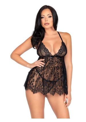 Leg Avenue Floral Lace Babydoll with Eyelash Lace Scalloped Hem Adjustable Cross-Over Straps and G-String Panty - Medium - Black