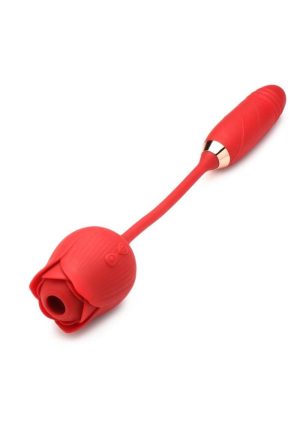 Bloomgasm Romping Rose 10X Rechargeable Silicone Suction Rose and Thrusting Vibrator - Red
