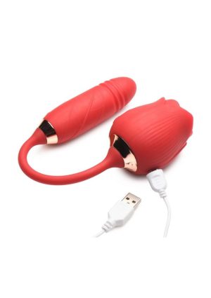 Bloomgasm Romping Rose 10X Rechargeable Silicone Suction Rose and Thrusting Vibrator - Red