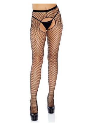 Leg Avenue Industrial Net Crotchless Garter Pantyhose - OS - Black