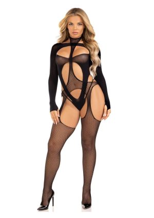 Leg Avenue Fishnet Halter Suspender Bodystocking and Layered Opaque Cut-Out Teddy (2 Piece) - OS - Black