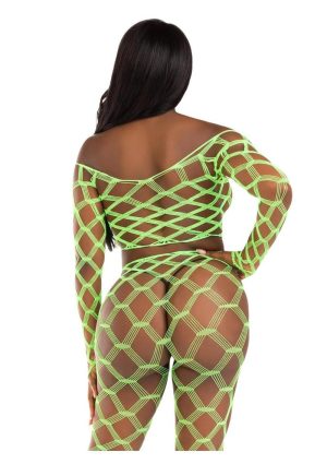 Leg Avenue Hardcore Net Crop Top and Footless Tights (2 Piece) - OS - Neon Green
