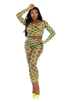 Leg Avenue Hardcore Net Crop Top and Footless Tights (2 Piece) - OS - Neon Green