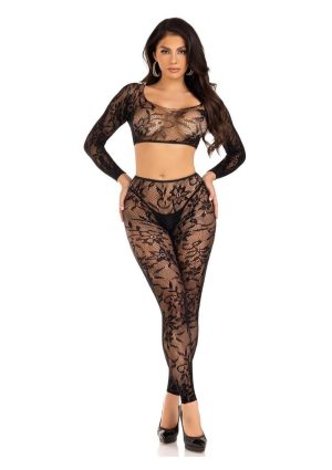 Leg Avenue Seamless Chantilly Lace Crop Top and Footless Tights (2 Piece) - OS - Black