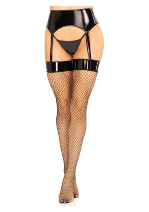 Leg Avenue Vinyl Garter Belt with Attached Fishnet Stockings and Matching G-String Panties (2 Piece) - Small/Medium - Black