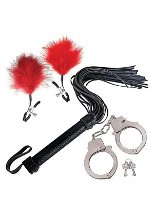 Nasstoys Bondage Whip Feather Clamps and Cuffs Kit - Red
