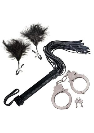 Nasstoys Bondage Whip Feather Clamps and Cuffs Kit - Black