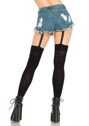 Leg Avenue Opaque Thigh Highs with Attached Clip Garter - OS - Black