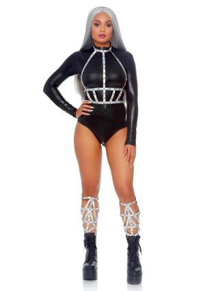 Leg Avenue Iridescent Studded Vinyl Body Harness - OS - Silver