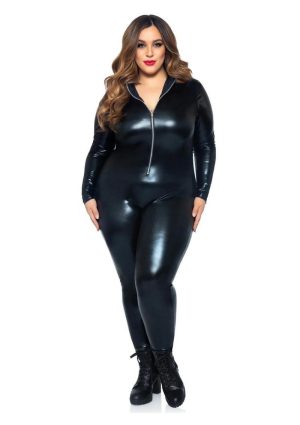 Leg Avenue Lame Zipper Front Cat Suit - 3X/4X - Black
