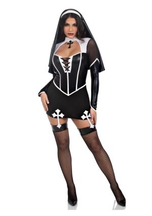 Leg Avenue Holy Hottie Set Boned Garter Dress with Cross Accents and Nun Habit (2 Piece) - Medium - Black/White