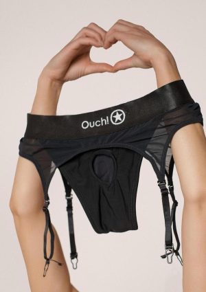 Ouch! Vibrating Strap-On Thong with Adjustable Garters with Rechargeable Bullet - M/L - Black