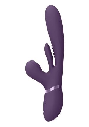 Vive ENA Rechargeable Silicone Triple Motor Thrusting G-Spot with Flapper and Air Wave Clit Stimulation Vibrator - Purple