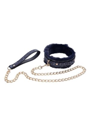 Sex and Mischief Cougar Fur Collar andamp; Leash - Navy/Gold