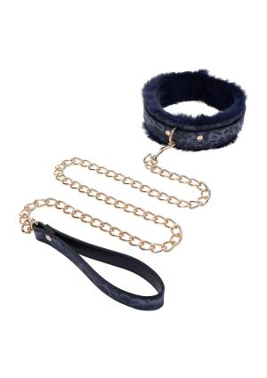 Sex and Mischief Cougar Fur Collar andamp; Leash - Navy/Gold