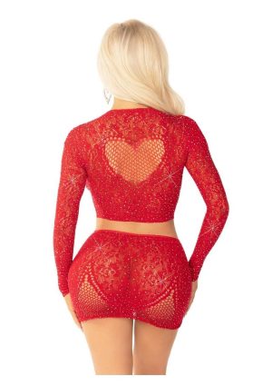 Leg Avenue Rhinestone Lace and Net Crop Top with Heart Keyhole Detail and Mini Skirt (2 Piece) - OS - Red