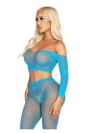 Leg Avenue Rhinestone Fishnet Crop Top and Footless Tights - O/S - Neon Blue