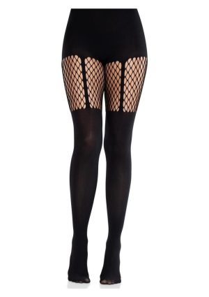 Leg Avenue Seamless Opaque Garter Illusion Tights with Net Thigh Detail - Black - O/S