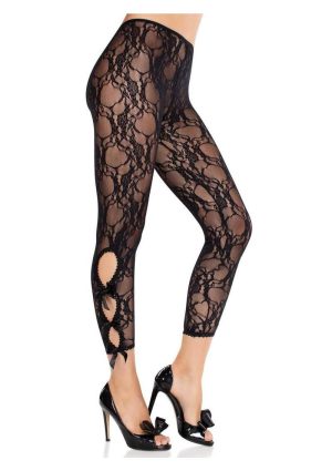 Leg Avenue Scalloped Trimmed Floral Lace Footless Capri Tights with Keyhole Bow Detail - Black - O/S