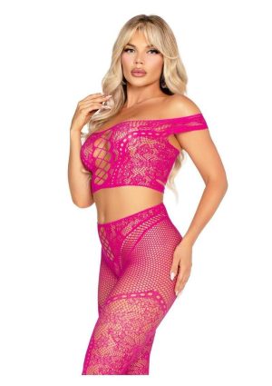 Leg Avenue Net and Lace Off-the-Shoulder Crop Top and Footless Tights (2 Piece) - Magenta - O/S