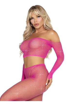 Leg Avenue Rhinestone Fishnet Crop Top and Footless Tights - Neon Pink - O/S