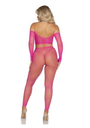 Leg Avenue Rhinestone Fishnet Crop Top and Footless Tights - Neon Pink - O/S